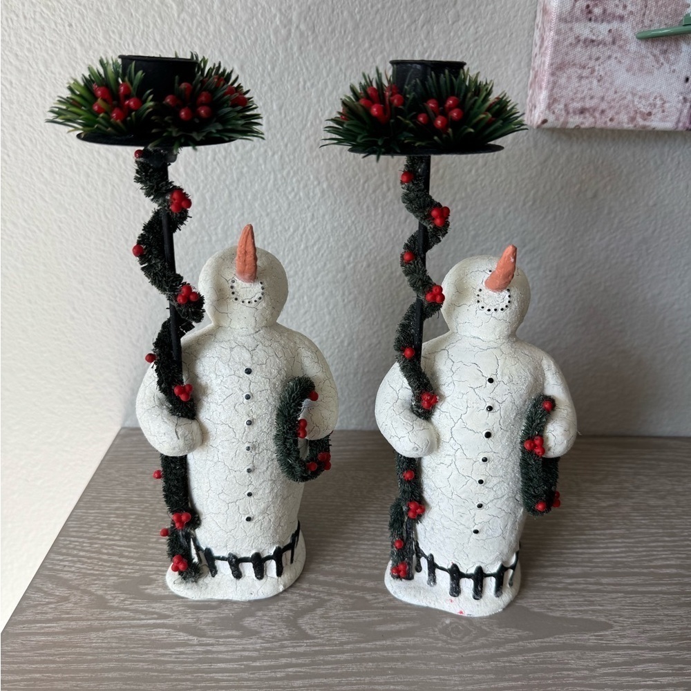 Vintage Dept. 56 2 Snowman with Garland Taper Candle Holder